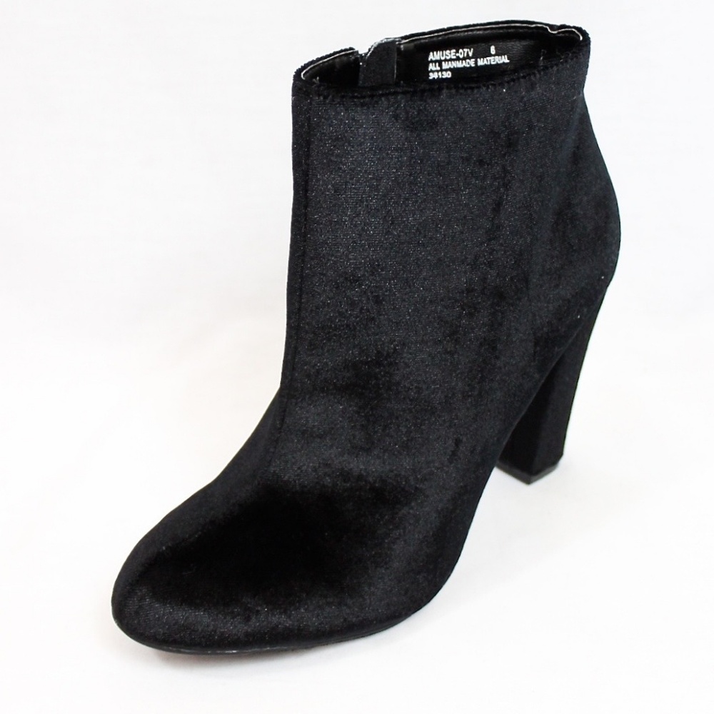 Black Velvet Round Toe Chunky Dress Heel Bootie - Picture 2 of 4